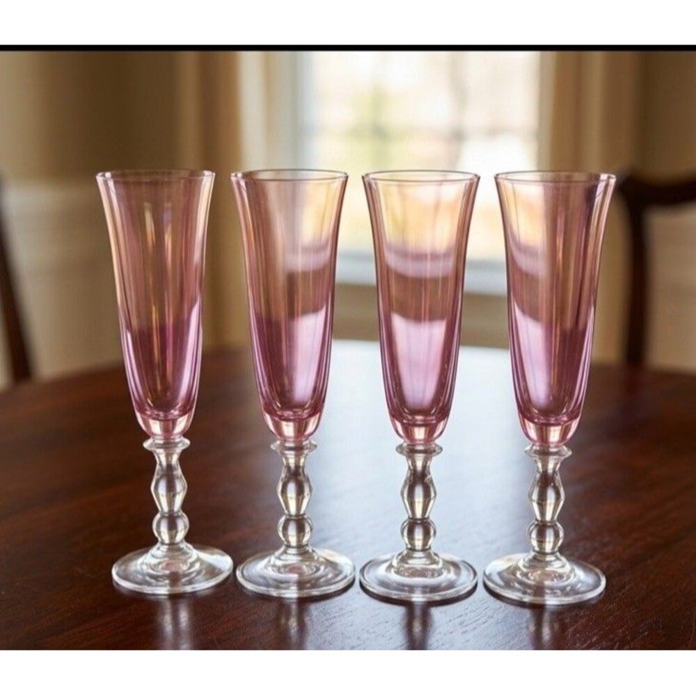 Vintage Pink Iridescent Crystal Glasses Set of 7 MCM Luster Flutes & Goblets⁠